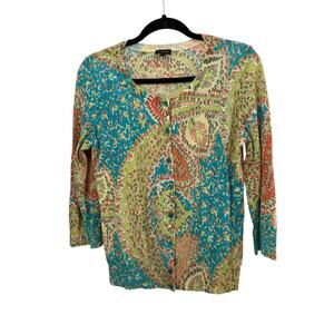 Talbots Womans M Lightweight Cardigan Sweater Cotton Coastal Grandma Paisley